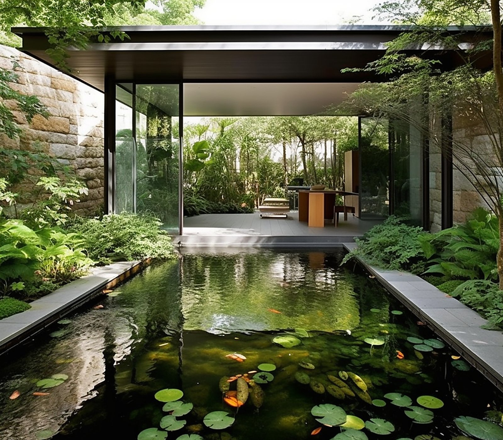Koi pond with lily pads beside a glass-walled garden pavilion