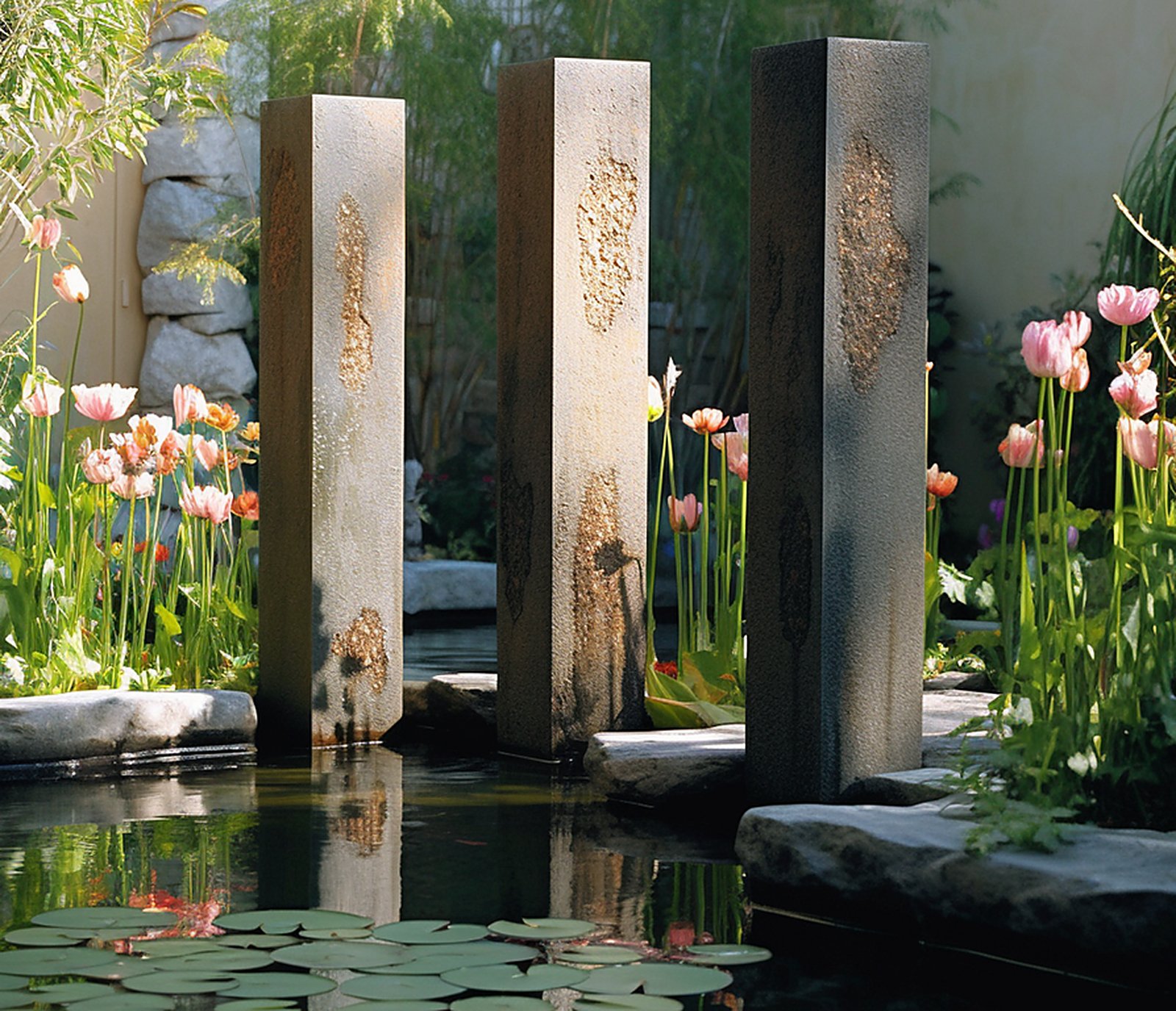 Sculptural stone pillar water feature